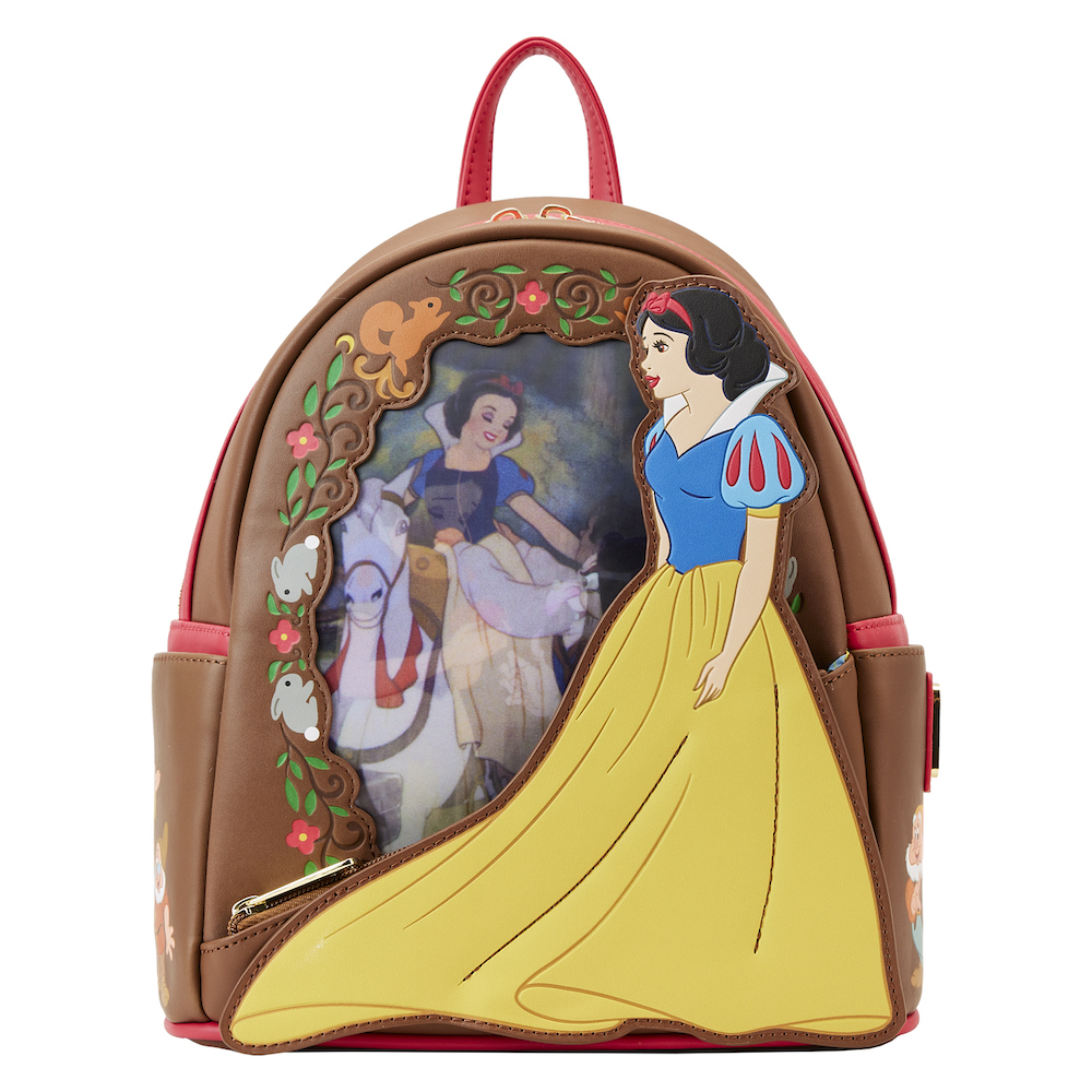 Brown mini backpack featuring Snow White on the front looking over her shoulder at a lenticular scene behind her.